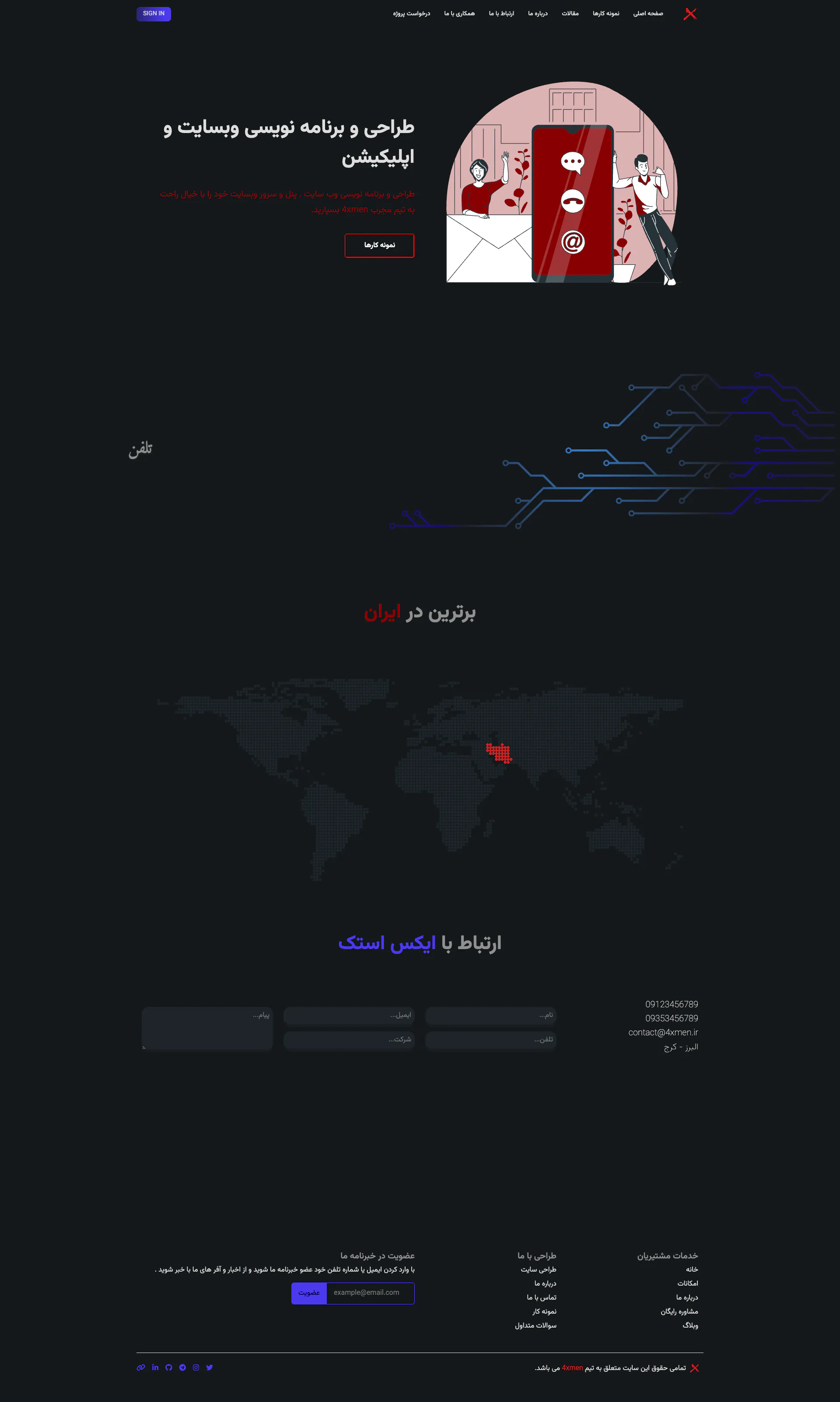 Full-page screenshot of the Contact page of 4xmen