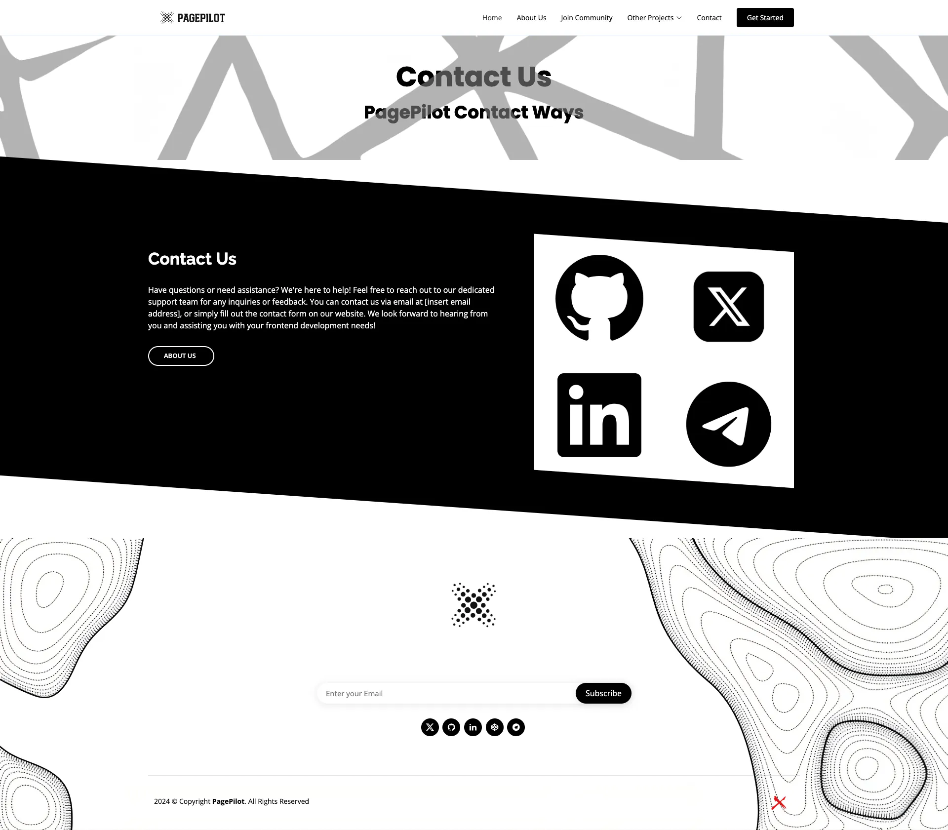 Full-page screenshot of the Contact page of PagePilot