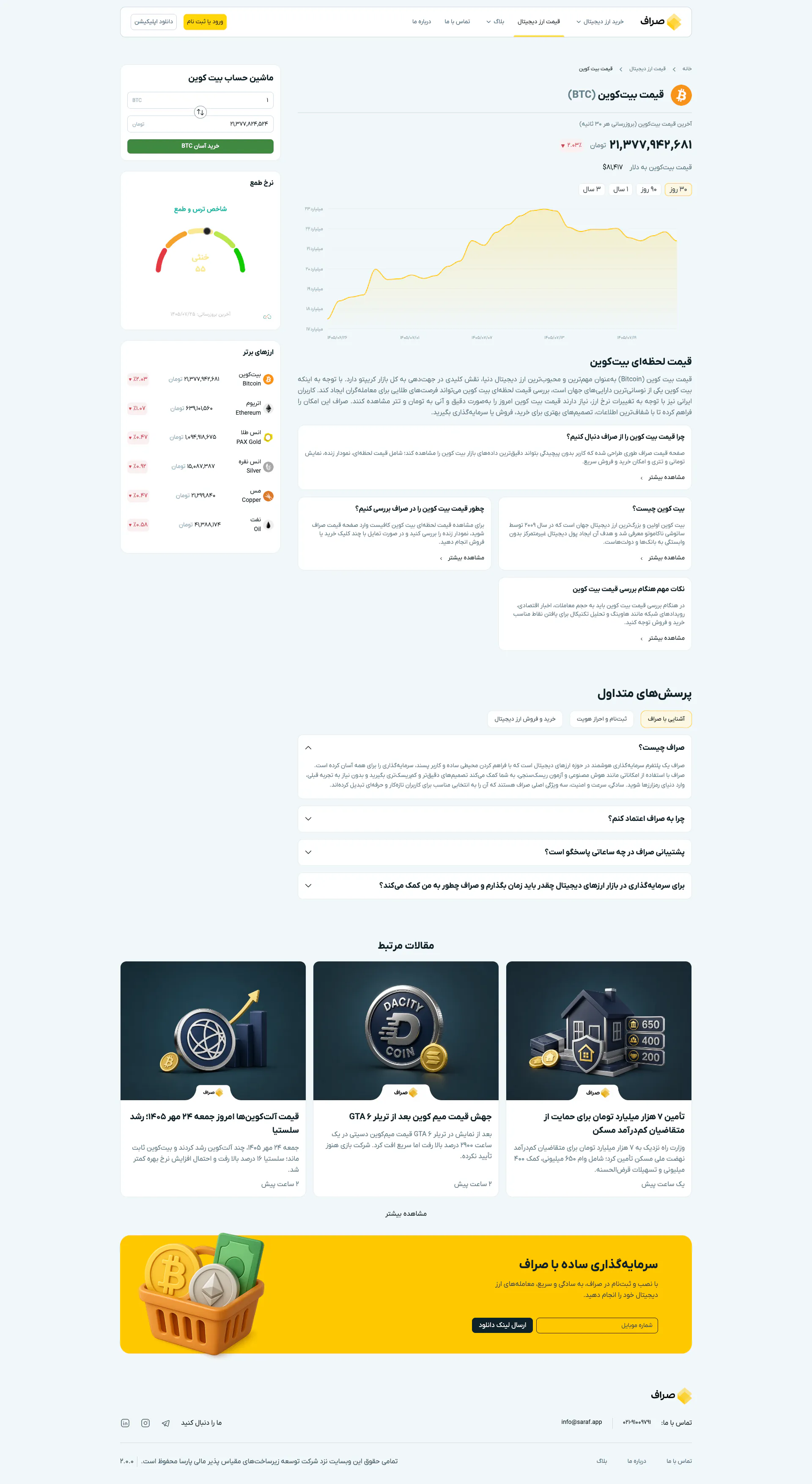 Full-page screenshot of the Bitcoin price page of Saraf